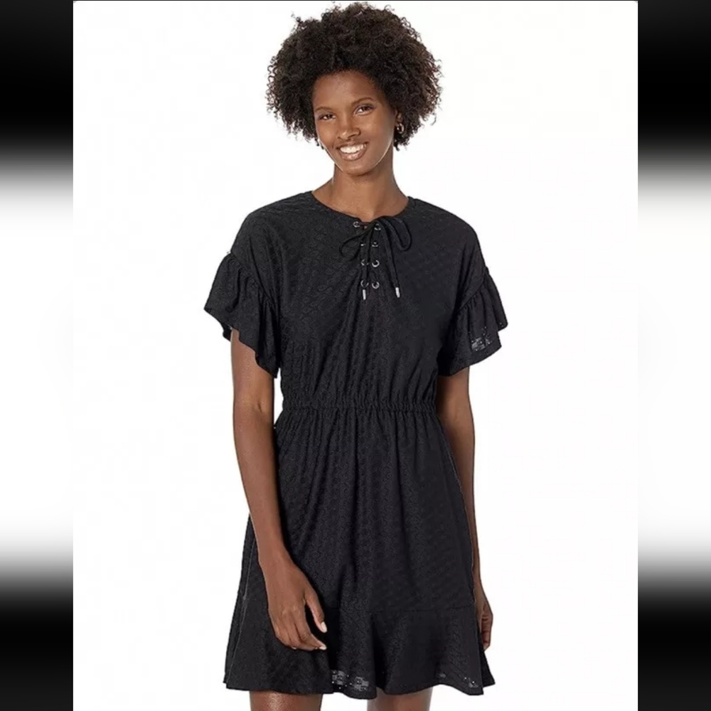 MICHAEL Michael Kors Lace -Up Ruffle Sleeve Smocked Mini Dress Black, Size Small